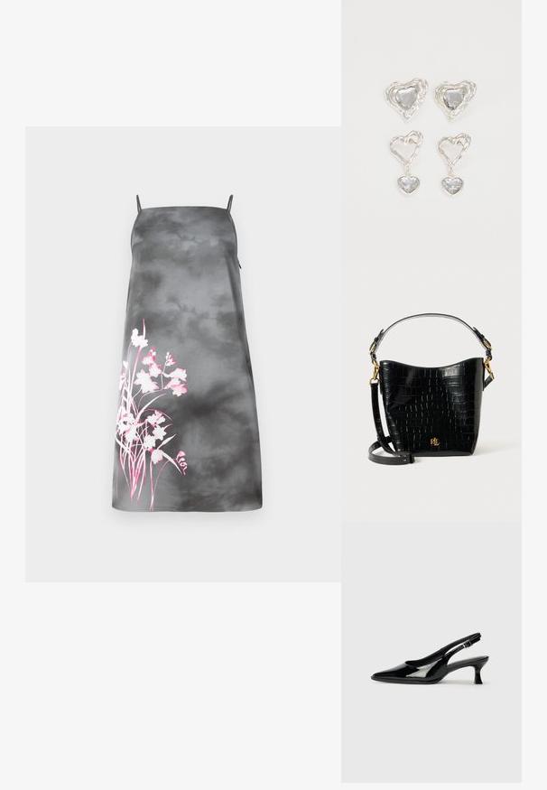 Robe A-line en satin dégradé gris avec bretelles spaghetti réglables. Présente un design floral rose sur le côté gauche. Texture lisse.; Escarpins en cuir verni noir avec un bout pointu et un petit talon carré. Sangle réglable à la cheville avec boucle.; Sac en cuir noir à motif crocodile, de forme courbée, avec des accents en métal doré, une bandoulière ajustable et un détail de logo à l'avant.; Des boucles d'oreilles en argent en forme de cœur présentent des pierres claires facettées, avec un cadre texturé. L'ensemble comprend des styles à clou et des styles pendants.