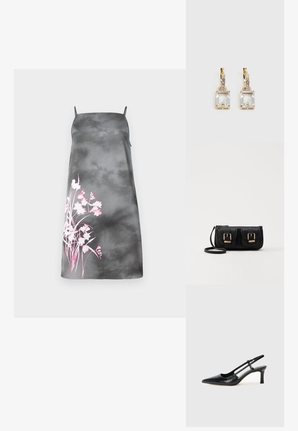 Satinová šaty A-line v jemnej šedej farbe s nastaviteľnými ramienkami. Na ľavej strane sa nachádza ružový kvetinový vzor. Hladká textúra.; Čierne patentové slingback topánky na ihlovom podpätku s špicatou špičkou, s textúrovaným hadím vzorom, nastaviteľným popruhom a krátkym, textúrovaným blokovým podpätkom.; Čierna kožená crossbody taška s dvoma prednými vreckami, zlatými sponami, zipsovým uzatváraním a úzkym popruhom. Štruktúrovaný povrch a kompaktný obdĺžnikový tvar.; Náušnice v zlatej farbe, ktoré majú obdĺžnikový, transparentný kryštál visiaci pod radom malých, guľatých, čírych akcentov. Elegantný, moderný dizajn.