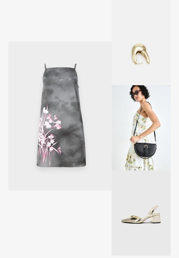 Abito A-line in satin grigio sfumato con spalline regolabili. Presenta un design floreale rosa sul lato sinistro. Texture liscia.; Tacchi slingback metallici color oro con punta appuntita e tacco grosso. Texture liscia, design minimalista e una cinghia stretta.; Borsa a tracolla nera in pelle con una forma curva, manico rimovibile e accessori dorati. La borsa presenta una patta con un dettaglio a fibbia.; Orecchino in metallo color oro con un design elegante e curvo. Presenta una forma appuntita distintiva, superficie lucida e chiusura a cerniera.