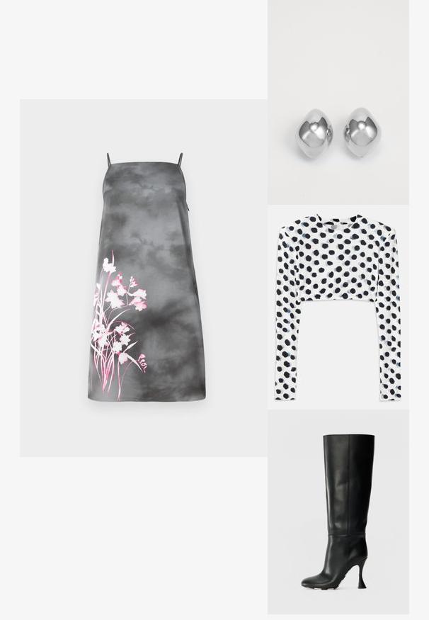 Satin A-lijn jurk in een gradient grijs met verstelbare spaghettibandjes. Heeft een roze bloemenontwerp aan de linkerkant. Soepele textuur.; Korte mouwen top van rekbaar witte stof met een zwart stippenmotief, met een gladde textuur en ronde halslijn.; Zwarte leren kniehoge laars met een aansluitende schacht en een spitse neus. Beschikt over een kenmerkende gebogen hak en een gladde textuur.; Zilveren metalen oorbellen met een gladde, ronde vorm, voorzien van een gepolijste afwerking en een reflecterend oppervlak. Minimalistisch ontwerp zonder versieringen.
