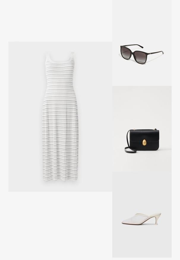 Balta maksi kleita ar pieguļošu augšu un izplestu svārku. Iezīme horizontālas zilas svītras un ribota tekstūra, ar plāniem plecu siksniņām.; Baltas austs punka purngals mūlis ar šauru vidēji augstu papēdi un uzvelkamu dizainu uz vienkārša fona.; Melni taisnstūra saulesbrilles ar gradienta lēcām, plastmasas rāmis un metāla logo akcents pie tempļa. Klasisks dizains ar gludu tekstūru.; Melnas ādas rokassomu ar strukturētu taisnstūra formu. Iespējas zelta ovāla slēdzis un plāns plecu siksna. Gluda tekstūra.