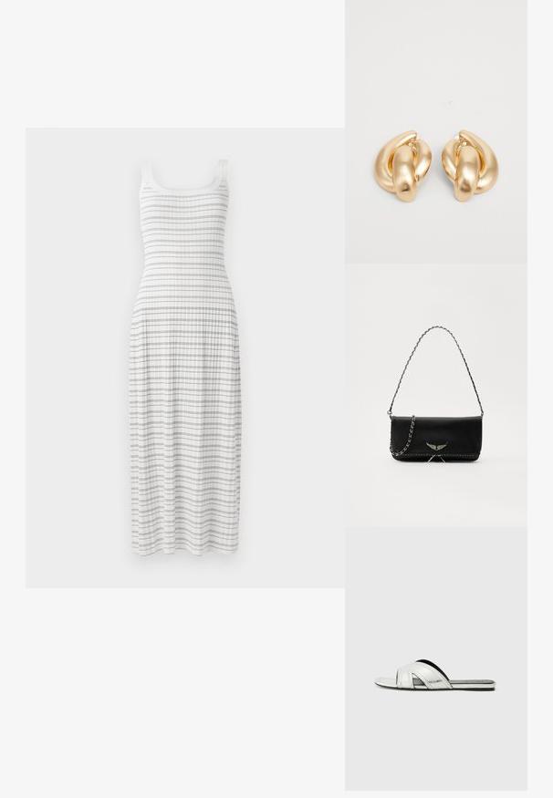 Bílá maxi šaty s přiléhavým topem a rozšířenou sukní. Obsahují horizontální modré pruhy a žebrovanou strukturu, s tenkými ramínky.; Stříbrné ploché sandály s metalickým povrchem, s křivkovým designem pásku, výřezovými detaily a texturovanou podrážkou pro lepší přilnavost.; Černá kožená kabelka se stříbrným řetízkovým popruhem, zdobená dekorativními křídly a bílým prošíváním podél spodního švu.; Náušnice ve zlatém tónu z kovu s točeným designem a hladkým, lesklým povrchem a zaoblenými tvary. Každá měří přibližně 5 cm.