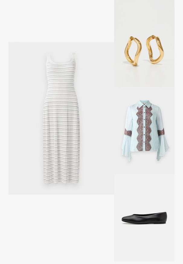 Valkoinen maksimekko, jossa on tiukka yläosa ja leveähelma. Siinä on vaakasuoria sinisiä raitoja ja ribbitekstuuri, ohuilla olkaimilla.; Vaaleansininen paita, jossa on ruskeat pitsikoristeet ja raidallinen kuvio. Ominaisuuksiin kuuluu viisto kaulus, nappisulku ja levenevät hihat.; Paul Smith TOPANGA - Ballerinat - black; Kullanışlı ve pürüzsüz bir dokuya sahip, kıvrımlı ve düzensiz bir şekle sahip altın rengi halka küpeler. Görünür donanım veya aksan yok.