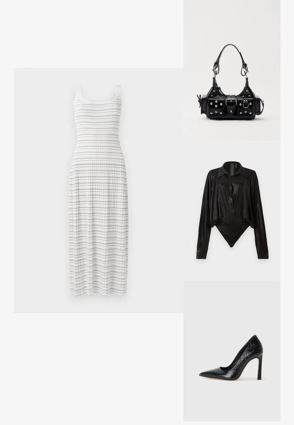 Valge maxi kleit, millel on sobiv ülemine osa ja laienev seelik. Omab horisontaalseid siniseid triibusid ja ribakujundust, koos peente õlavarretrukkidega.; Must tooni bodysuit pikad varrukad, V-keres ja stuudiud joontega. Valmistatud läikivast, siledast kangast, millel on konstruktsiooniga krae ja mansetid.; Mustan teravaotsaga kõrge kontsaga king, millel on krokodillimustriga tekstuur, stiilne disain, kõrge stilettokonts ja sile must sisesisustus.; Must värvi nahast käekott, millel on kaarjas disain, hõbedased nupukesed, kinnitusahe ja kaks külgtaskut. Reguleeritav rihm erinevate kandmisvõimaluste jaoks.