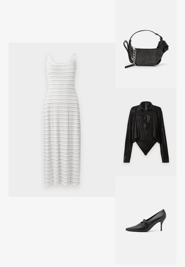 Robe maxi blanche avec un haut ajusté et une jupe évasée. Présente des rayures bleues horizontales et une texture côtelée, avec de fines bretelles.; Body noir avec manches longues, décolleté en V et une silhouette ajustée. Fabriqué en tissu lisse et brillant avec un col structuré et des poignets.; GIABORGHINI ARTEMIS - Escarpins - black; Sac à main noir avec un design texturé, orné de clous en argent et d'une bandoulière en chaîne argentée épaisse. Présente une forme élégante et minimaliste.