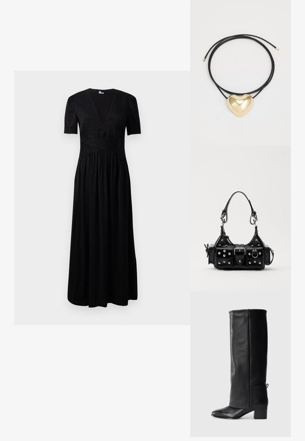 Crna maksi haljina s dubokim V-izrezom, kratkim rukavima, teksturiranim tijelom i naboranom suknjom. Izrađena od lagane tkanine s suptilnim uzorcima.; Crne kožne čizme do koljena s glatkom površinom, četvrtastim vrhom, blok petom i detaljem za vezanje sa strane koji omogućuje prilagodbu veličine.; Crna kožna torba s zakrivljenim dizajnom, koja sadrži srebrne zakovice, kopču i dva bočna džepa. Podesiva traka za različite opcije nošenja.; Crni pleteni kabel ogrlica s poliranim zlatnim privjeskom u obliku srca s glatkim zaobljenim linijama i sjajnom finišom.