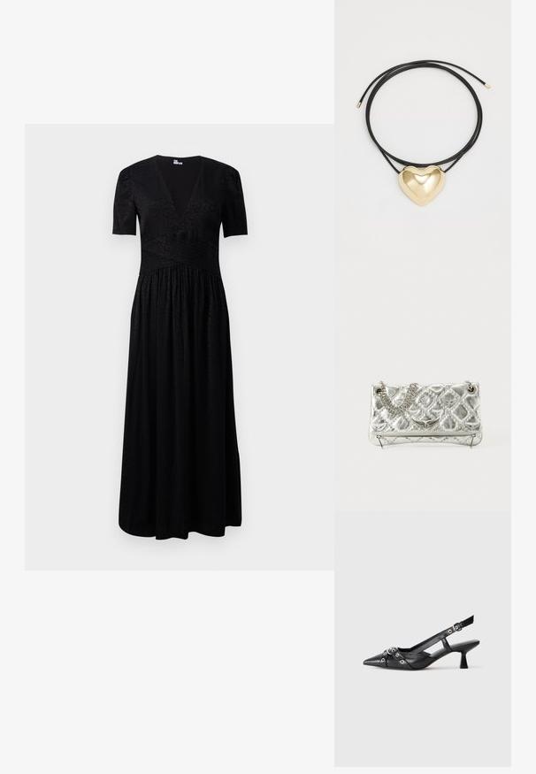 Robe maxi noire avec un décolleté en V profond, des manches courtes, un corsage texturé et une jupe froncée. Fabriquée en tissu léger avec des motifs subtils.; Chaussure slingback en cuir noir avec un bout pointu, des sangles décoratives avec œillets en métal et un petit talon carré. Surface texturée.; Sac à main en métal argenté avec une poignée en chaîne, texture matelassée, couture décorative et fermeture éclair. Présente des accents embossés sur le devant.; Collier en cordon tressé noir avec un pendentif en forme de cœur en or poli, aux courbes douces et à la finition brillante.