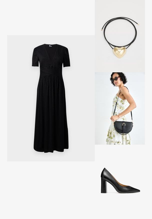 Crna maksi haljina s dubokim V-izrezom, kratkim rukavima, teksturiranim tijelom i naboranom suknjom. Izrađena od lagane tkanine s suptilnim uzorcima.; Kazar BLUEBELL - Visoke pete - black; Crna kožna torba s lukovitim oblikom, odvojivim remenom i zlatnim detaljima. Torba ima preklop s kopčom.; Crni pleteni kabel ogrlica s poliranim zlatnim privjeskom u obliku srca s glatkim zaobljenim linijama i sjajnom finišom.