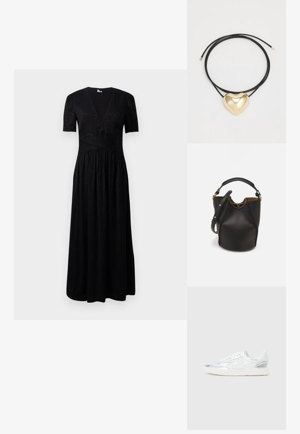 Black maxi dress with a deep V-neck, short sleeves, textured bodice, and gathered skirt. Made of lightweight fabric with subtle patterns.; White sneakers with metallic silver accents, smooth texture, round toe, flat sole, and traditional lace-up design.; Black leather bucket bag with a textured finish, gold hardware accents, and an open top. Features a short handle and adjustable shoulder strap.; Black braided cord necklace featuring a polished gold heart pendant with smooth curves and a glossy finish.