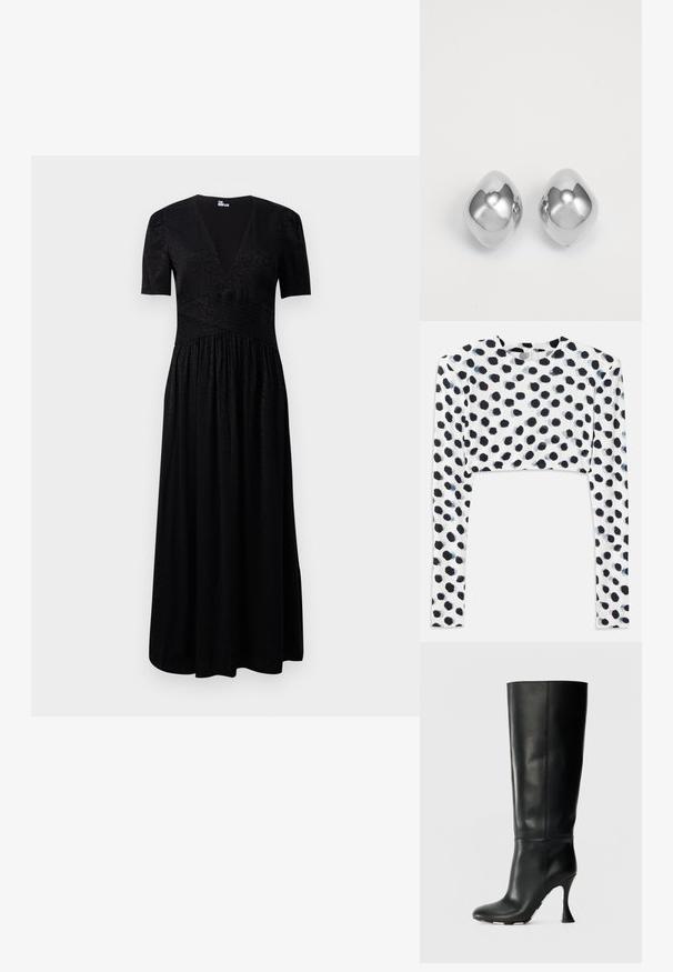 Czarna maxi sukienka z głębokim dekoltem w kształcie V, krótkimi rękawami, teksturowanym gorsetem i marszczoną spódnicą. Wykonana z lekkiego materiału z delikatnymi wzorami.; Krótką bluzkę z długim rękawem z elastycznego białego materiału z czarnym wzorem w kropki, o gładkiej fakturze i okrągłym dekolcie.; Czarne skórzane kozaki za kolano z dopasowaną cholewką i spiczastym noskiem. Posiadają charakterystyczny wygięty obcas i gładką, teksturowaną powierzchnię.; Srebrne kolczyki metalowe o gładkim, zaokrąglonym kształcie, z polerowanym wykończeniem i lustrową powierzchnią. Minimalistyczny design bez zdobień.