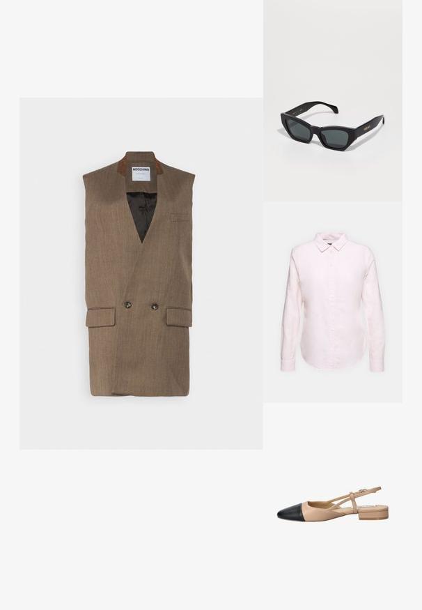 Brown sleeveless vest with a double-breasted design, notched collar, side pockets, and a lined interior. Textured fabric with subtle stripes.; Light pink long-sleeve shirt with a button-down collar, featuring a straight hem and soft texture, made from lightweight cotton fabric.; Beige and black two-tone slingback shoe with a pointed toe, flat heel, and crisscross strap detail. Smooth leather texture.; Black angular sunglasses with dark lenses, featuring a matte finish and gold "VERSACE" logo on the side. Durable plastic frame.