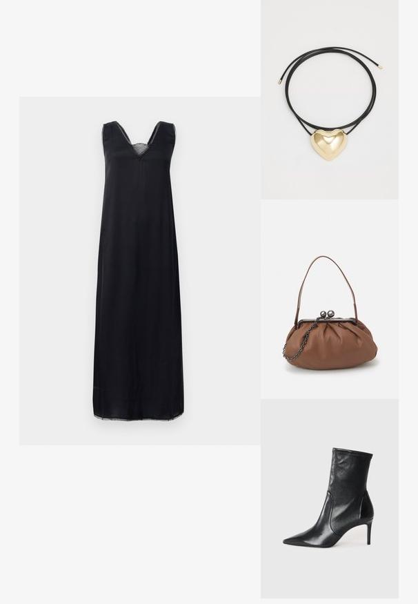 Black sleeveless dress with a V-neckline, featuring lace trim at the neck, and a loose fit that reaches mid-calf length.; Black ankle boots made of smooth leather, featuring a pointed toe, fitted shaft, and a slim high heel. Minimalist design with no visible hardware.; Brown leather handbag with a gathered design, a short leather handle, and a chain strap. Features a silver metal clasp with two round accents.; Black braided cord necklace featuring a polished gold heart pendant with smooth curves and a glossy finish.