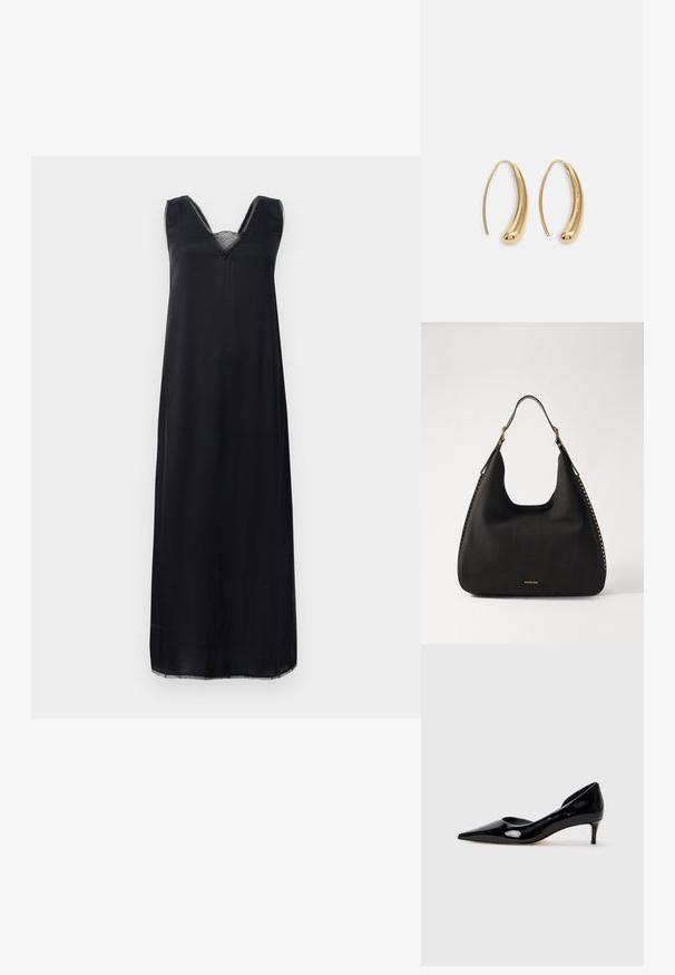 Melnā bezpiedurkņu kleita ar V formas izgriezumu, rotāta ar mežģīnēm ap kaklu, un brīvi pieguļošs kroks, kas sasniedz līdz puslēcai.; Melnas lakotas ādas sieviešu kurpes ar norādīto pirkstu un zemu papēdi, attēlotas profilā uz vienkārša gaiši pelēka fona.; MICHAEL Michael Kors NOLITA HOBO  - Rokassoma - black; Zelta toņu metāla gredzena auskari ar izliektu, pagarinātu formu. Ar gludu, spīdīgu virsma un noapaļotu galu papildu detaļām.