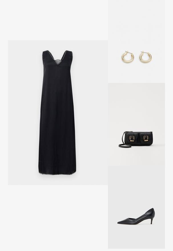 Svart ermeløs kjole med V-hals, utstyrt med blondekant ved halsen, og en løs passform som når til midten av leggen.; Sort lærpumps med spiss tupp og lav hæl. Har en jevn tekstur og subtil glans. Åpen utskjæring foran for ekstra detalj.; Svart skinn crossbody veske med to frontlommer, gyldne spenner, glidelåslukking og en slank stropp. Teksturert overflate og kompakt rektangulær form.; Lauren Ralph Lauren BASIC SMALL HOOP - Øredobber - gold-coloured