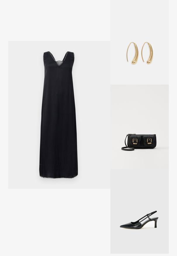 Rochie neagră fără mâneci cu decolteu în V, având dantelă la gât și o croială lejeră care ajunge până la jumătatea gambei.; Pantofi cu toc slingback negri din patent, cu vârf ascuțit, cu imprimeu de șarpe texturat, curea ajustabilă și toc scurt texturat.; Geantă neagră din piele, tip crossbody, cu două buzunare frontale, catarame aurii, închidere cu fermoar și o curea subțire. Suprafață texturată și formă rectangulară compactă.; Cercei din metal auriu, cu un design curbat și alungit. Au o suprafață netedă și strălucitoare, cu un vârf rotunjit pentru un detaliu suplimentar.