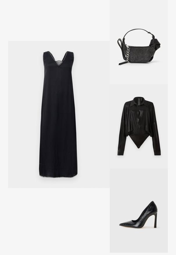 Crna haljina bez rukava s V-izrezom, koja ima čipkasti detalj oko izreza, i širok kroj koji doseže do sredine teleta.; Crni bodi s dugim rukavima, V-izrezom i prilagođenim siluetom. Izrađen od sjajnog, glatkog materijala s strukturiranim ovratnikom i manžetama.; Crne visoke potpetice s oštrim prstima, od teksture krokodilske kože, elegantnog dizajna, visoke stiletto potpetice i glatkog crnog unutrašnjosti.; Crna torbica s ukrasima od studenaca, lančanim remenom i glatkom kožnom drškom, zaobljenog oblika i zatvorenim odjeljkom na zip.