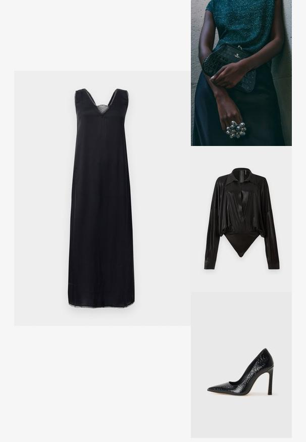 Schwarzes ärmelloses Kleid mit V-Ausschnitt, ausgestattet mit einer Spitzenverzierung am Hals und einer lockeren Passform, die bis zur Mitte der Waden reicht.; Schwarzer Body mit langen Ärmeln, V-Ausschnitt und figurnaher Silhouette. Hergestellt aus glänzendem, glattem Stoff mit einem strukturierten Kragen und Manschetten.; Schwarzer, spitz zulaufender High Heel mit Krokodilleder-Struktur, elegantem Design, hohem Stiletto-Absatz und glattem schwarzen Innenraum.; Schwarze Clutch-Tasche im Kroko-Design mit silbernen Beschlägen, vor einem strukturierten grauen Hintergrund gehalten. Verfügt über eine glänzende Oberfläche.