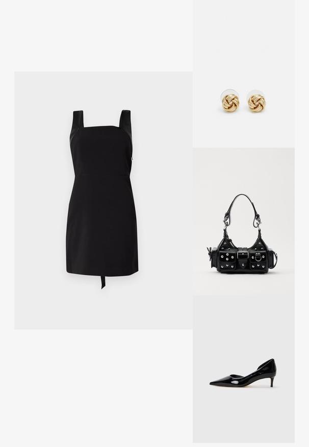 Rochie neagră cu decolteu pătrat și bretele late. Prezintă un bust ajustat și o fustă evazată cu un detaliu legat la margine. Confecționată dintr-un material neted.; Pantofi pentru femei cu toc mic, din piele lacuită neagră, cu vârful ascuțit, prezentati în profil pe un fundal gri deschis simplu.; Geantă de piele neagră cu un design curbat, dotată cu studuri argintii, o cataramă și două buzunare laterale. Curea ajustabilă pentru opțiuni de transport.; Cercei cu tija aurie, cu un design răsucit. Fiecare cercel are un fundal circular transparent pentru o purtare sigură.