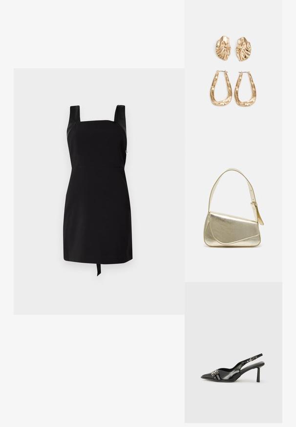 Vestido negro con escote cuadrado y tirantes anchos. Presenta un cuerpo ajustado y una falda acampanada con un detalle de lazo en el dobladillo. Hecho de tela suave.; Zapato de charol negro tipo slingback con punta afilada, correas al tobillo con hebillas y herrajes de plata, y un tacón delgado.; Bolso de mano metálico dorado con un diseño estructurado, textura suave y correa ajustable. Presenta una forma triangular única y un cosido minimalista.; Pendientes en tono dorado que presentan formas texturizadas y onduladas. Incluyen aros de clip esculturales y un diseño de aro abierto con un acabado martillado.