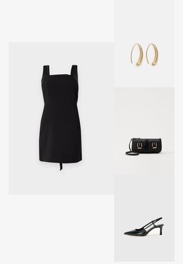 Vestido negro con escote cuadrado y tirantes anchos. Presenta un cuerpo ajustado y una falda acampanada con un detalle de lazo en el dobladillo. Hecho de tela suave.; Tacón slingback negro de charol con punta afilada, que presenta un estampado de serpiente texturizado, correa ajustable y un tacón bloque corto y texturizado.; Bolso cruzado de cuero negro con dos bolsillos frontales, hebillas doradas, cierre de cremallera y una correa delgada. Superficie texturizada y forma rectangular compacta.; Pendientes de aro de metal en tono dorado con una forma curva y alargada. Presentan una superficie lisa y brillante y una punta redondeada para mayor detalle.