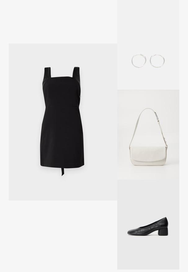 Juoda suknelė su kvadratiniu iškirpimu ir platėmis petnešomis. Turi prigludusį liemenį ir platėjančią sijoną su raišteliu apačioje. Pagaminta iš lygaus audinio.; Juodai odiniai aukštakulniai batai su apvaliu pirštu ir vidutiniu bloku. Lygi tekstūra su minimaliu apdailos, turinčia subtilų elastingą atidarymą.; Balta odinė petneša su lygiu paviršiumi, stačiakampio formos, su užsegimu antklodė ir reguliuojama dirželiu. Paprastas siuvinėjimo detalės.; Sidabrinės auskarai žiedai su sėslia, apvalia forma, pasižymintys lygia paviršiumi ir be matomų puošmenų. Svoris nenurodytas.