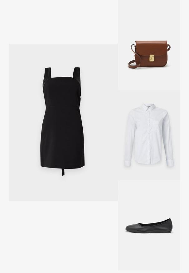 Čierne šaty so štvorcovým výstrihom a širokými ramienkami. Obsahujú priliehavú časť a rozšírenú sukňu s detailom na viazanie na leme. Vyrobené z hladkej tkaniny.; Biely dlhý rukáv košeľa vyrobená z bavlny. Má gombíkovú prednú časť, špicatý golier a náprsné vrecko na ľavej strane.; Čierne kožené baleríny s okrúhlou špičkou, hladkým povrchom, minimálnym prešívaním a flexibilným dizajnom podrážky.; Hnedá kožená kabelka s klopou, zlatými kovovými prvkami, ramenným popruhom a hladkým povrchom. Kompaktný obdĺžnikový tvar.