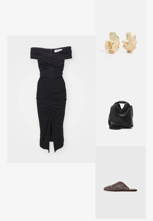 Diane von Furstenberg STEPHEN DRESS - Egyenes szabású ruha - black; Barna szőtt csúsztatós szandál lekerekített orral, nyitott dizájnnal, lapos talppal és texturált felülettel. Könnyű anyag és minimalista sziluett.; Fekete, puha bőr táska egyedi csavaros dizájnnal. Rövid fogantyúval és levehető vállpánttal rendelkezik. Minimalista stílusú.; Textúrált arany színű fém fülbevalók szobrászati, spirális formával. Simább felületekkel és fényt visszaverő vonalakkal rendelkezik.