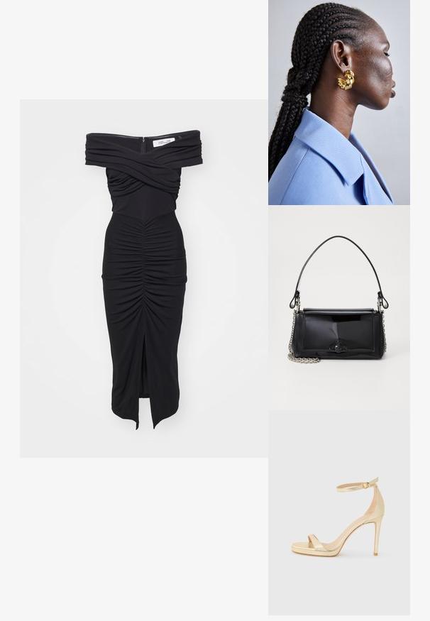 Diane von Furstenberg STEPHEN DRESS - Pārliekama kleita - black; Zelta metāla augstpapēžu sandales ar atvērtu purngalu, potītes siksniņu ar sprādzi un platformas zoli papildu augstumam. Gluda tekstūra.; Melnas lakotas ādas rokassomi ar taisnstūra formu, ķēdes siksnu un izteiksmīgu metāla aksesuāru centrā. Gluda tekstūra.; Zelta auskari ar skulpturālu dizainu, kas izceļas ar vērpjošām formām un gludām virsmām, valkā personība ar pītām matiem.