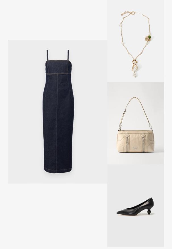 Weekend Max Mara OSOL - Robe fourreau - blu; Chaussure à talon haut en cuir noir avec un bout pointu et un talon arrondi. Texture lisse avec un design épuré et minimal.; Sac à main en cuir beige avec quincaillerie argentée, deux fermetures éclair latérales, design structuré et une bandoulière amovible pour plus de polyvalence.; Collier doré avec des maillons torsadés, perles blanches et une pierre verte en accent. Présente des détails raffinés et un fermoir pour la fermeture.