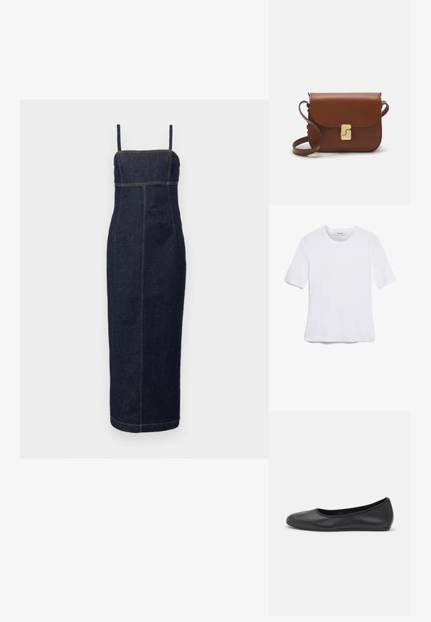 WEEKEND MaxMara OSOL - Φόρεμα σε ίσια γραμμή - blu; Άσπρο κοντομάνικο μπλουζάκι φτιαγμένο από ριγέ ύφασμα. Στρογγυλή λαιμόκοψη, κανονική εφαρμογή και διακριτές λεπτομέρειες ραφής. Χωρίς σχέδια ή γραφικά.; Μαύρο δερμάτινο μπαλαρίνι με στρογγυλή μύτη, λεία υφή, ελάχιστες λεπτομέρειες ραφής και σχεδίαση ευέλικτης σόλας.; Καφέ δερμάτινη τσάντα χειρός με κλείσιμο καπάκι, χρυσές λεπτομέρειες, ιμάντα ώμου και λεία υφή. Συμπαγές ορθογώνιο σχήμα.