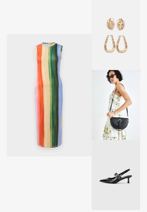 Mikina bez rukávov s vertikálnymi pruhmi v odtieňoch oranžovej, ružovej, zelenej a modrej. Tkanina pôsobí hladko a má jemný lesk.; Čierne patentové kožené sandále na podpätku so špicatou špičkou a malým blokovým podpätkom, s dekoratívnou striebornou sponou na remienku.; Čierna kožená kabelka s zaobleným tvarom, odnímateľným popruhom a zlatými doplnkami. Kabelka má klopu s detailom s prackou.; Náušnice v zlatej farbe s textúrovanými, vlnitými tvarmi. Obsahujú sochárske klipsové náušnice a otvorený tvar krúžku s kladivkovým povrchom.