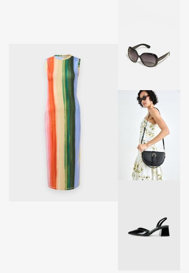 Sleeveless midi dress featuring vertical stripes in orange, pink, green, and blue hues. Fabric appears smooth with a slight sheen.; Black patent leather slingback heels with a pointed toe and a geometric block heel. Features a sleek, minimal design and smooth texture.; Black sunglasses with oversized, rounded frames. Lenses gradient from dark to light. Features a sleek, glossy finish and subtle logo accents on temples.; Black leather handbag with a curved shape, detachable strap, and gold hardware. The bag features a flap with a buckle detail.