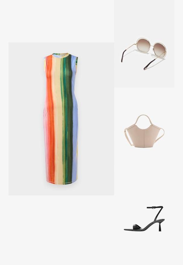 Suknja brez rokavov midi dolžine z vertikalnimi črtami v oranžni, rožnati, zeleni in modri barvi. Tkanina se zdi gladka z rahtim sijajem.; Bershka Sandali z visoko peto - black; CHLOÉ CARLINA OVERSIZED ROUND METAL SUNGLASSES - Sončna očala - gold-coloured/brown; Bežna usnjena torbica edinstvene oblike, z dvema kratkima ročajema in dolgim nastavljivim trakom. Gladka tekstura z minimalno kovinsko opremo.