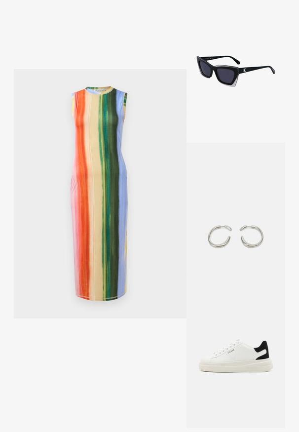 Šaty bez rukávů midi délky se svislými pruhy v oranžové, růžové, zelené a modré barvě. Tkanina vypadá hladce s mírným leskem.; Bílé kožené tenisky s tlustou bílou podrážkou, černým semišovým akcentem na patě a vyraženým logem na boku. Šněrovací design se šesti očka.; Černé oversized sluneční brýle geometrického tvaru, s tmavými skly a kontrastním šedým detailem na rámu. Logo na rameni.; Stříbrné kruhové náušnice s hladkým, zaobleným designem a lesklým, vyleštěným povrchem. Mají minimalistický tvar s malým otvorem.