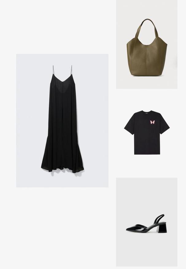 Black sleeveless dress with a deep V-neckline, made of lightweight fabric, and a flowing silhouette that flares at the hem.; Black cotton t-shirt with short sleeves, featuring a small pink butterfly graphic on the left chest. Crew neck design with a relaxed fit.; Black patent leather slingback heels with a pointed toe and a geometric block heel. Features a sleek, minimal design and smooth texture.; Olive green leather tote bag with dual straps, smooth texture, and four panel design. Reinforced stitching along seams for durability.