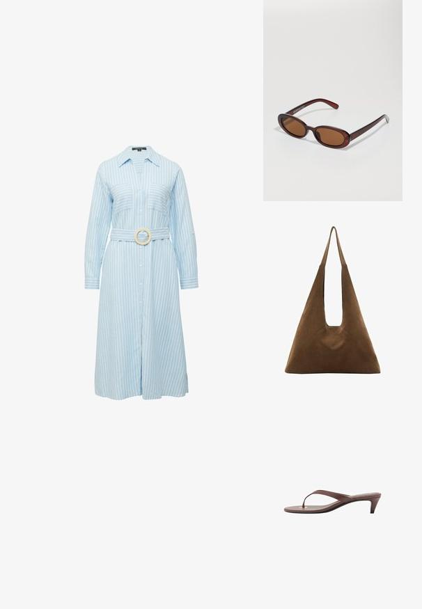 Hellblaues Hemd-Kleid mit weißen vertikalen Streifen, zwei Brusttaschen, langen Ärmeln und einem passenden Gürtel mit rundem Schnallen.; Braune, mit Absatz versehene Flip-Flop-Sandale mit einem schmalen Riemen und abgerundetem Zehensteg, der ein kleines goldfarbenes Akzent auf dem Fußbett aufweist.; Runde, braun getönte Sonnenbrillen mit einem glänzenden burgunderfarbenen Rahmen. Schlanke Bügel mit dezentem Branding. Flaches Linsendesign.; Braune Wildleder-Totebag mit einem dreieckigen Design, langen Schulterriemen und einem großen offenen Oberteil mit einem Ausschnittgriff.