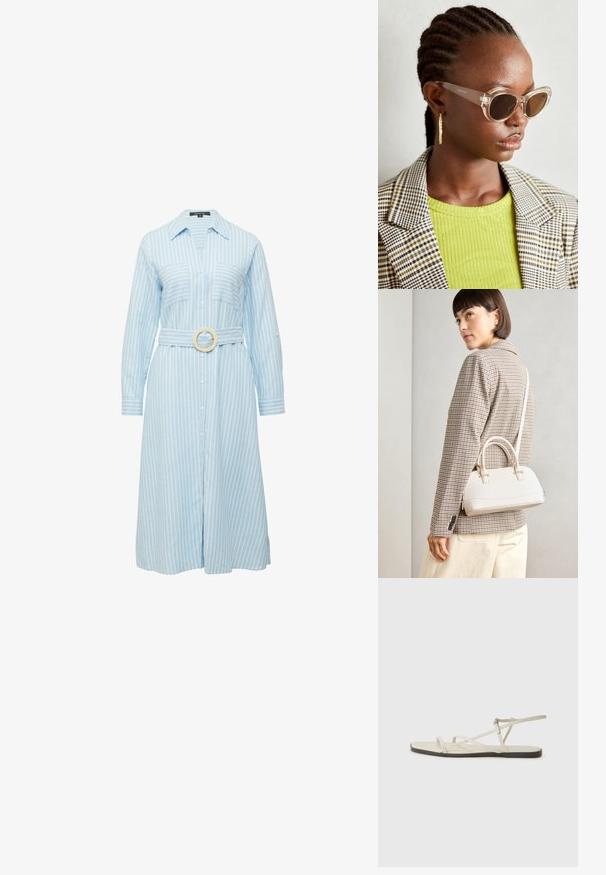 Hellblaues Hemd-Kleid mit weißen vertikalen Streifen, zwei Brusttaschen, langen Ärmeln und einem passenden Gürtel mit rundem Schnallen.; Beige flache Sandale mit mehreren schlanken Riemen und einer verstellbaren Schnalle. Die Sohle ist flach und hat einen leichten dunklen Kontrast am Rand.; Klare Cat-Eye-Sonnenbrille mit braunen Gläsern und transparentem Gestell. Modell trägt ein grünes geripptes Oberteil und einen karierter Blazer. Goldene Hoop-Ohrringe.; Weiße strukturierte Handtasche mit kurzen Griffen und einem Schultergurt, ausgestattet mit goldfarbenen Hardware-Elementen und strukturiertem Material, vor einem grauen Hintergrund präsentiert.