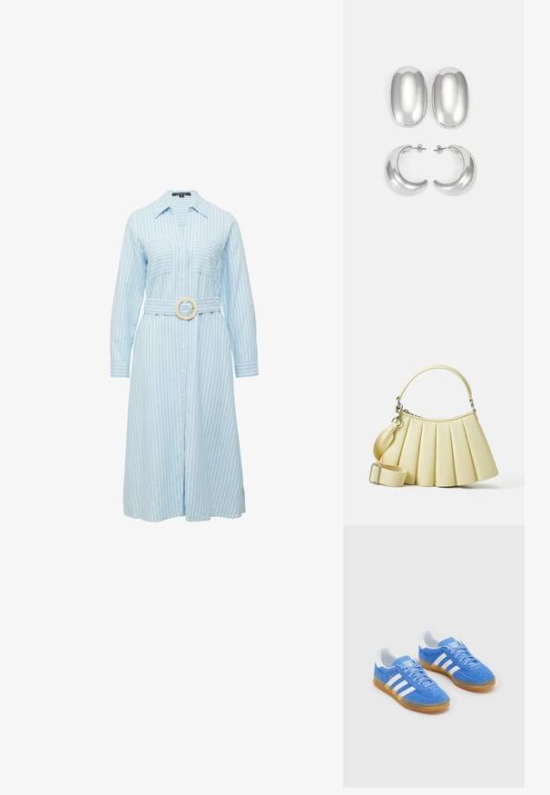 Jasnoniebieska sukienka koszulowa z białymi pionowymi paskami, dwoma kieszeniami na piersi, długimi rękawami i pasującym paskiem z okrągłą klamrą.; Niebieskie zamszowe buty sportowe z białymi paskami, gumową podeszwą i wyściełanym kołnierzem dla większego komfortu. Posiadają klasyczny sznurowany design.; Plecione torebka w miękkim żółtym materiale z zakrzywionym uchwytem. Posiada wyjmowany, regulowany pasek oraz gładką fakturę z minimalną ilością metalowych elementów.; Zestaw srebrnych kolczyków: dwa owalne wkręty i dwa półokrągłe kolczyki w kształcie księżyca, z błyszczącym, gładkim wykończeniem i zaokrąglonym kształtem.