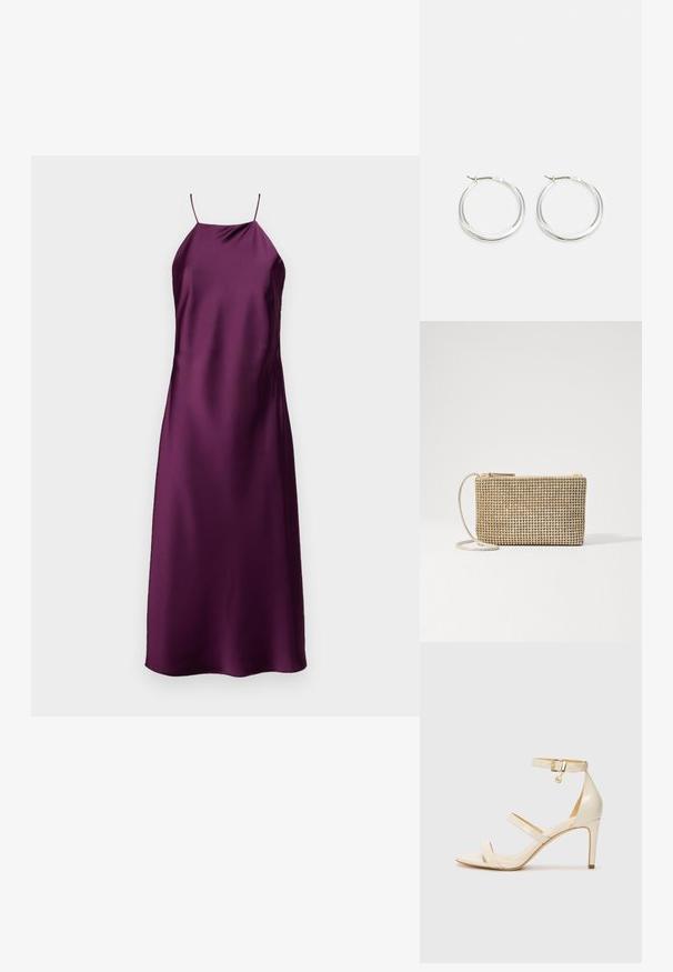 Satinová fialová noční košile s tenkými ramínky, silueta do délky kolen, hladká textura a minimalistický design. Žádné viditelné vzory ani kovové prvky.; Béžové sandály na vysokém podpatku s tenkým páskem přes kotník a dvěma horními pásky. Lesklý lakový povrch a zlaté detaily na pásku kolem kotníku.; Loeffler Randall YASMINE FLAT CLUTCH - Taška s příčným popruhem - gold; Stříbrné kroužkové náušnice mají hladký, zaoblený design s tenkým profilem a bezpečným zapínáním. Minimalistický styl s lesklým povrchem.