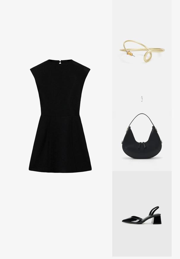 Crna haljina s strukturiranim dizajnom, bez rukava i visokim izrezom. Ima A-linijski oblik i mali prorez na leđima.; Crne lakirane kožne sandale s otvorenom petom i špicastim vrhom, s geometrijskom blok petom. Imaju elegantan, minimalistički dizajn i glatku teksturu.; Crna kožna torba s zakrivljenim oblikom, zatvaranjem na patentni zatvarač, s dva crna resica i srebrnim detaljima, uključujući jedinstveni pričvršćivač.; Zlatna metalna narukvica s fluidnim, zavojitim dizajnom. Sadrži mali, istaknuti srebrni akcent na jednom kraju.