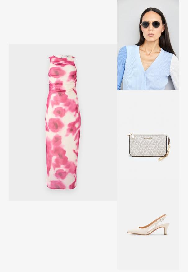 Rochie midi fără mâneci, în nuanțe de roz și crem, cu detalii de pliere; are un model floral și un gât rotund, confecționată dintr-un material ușor.; Sandaie cu toc alb, cu vârful ascuțit, material superior neted, toc mic tip bloc și design cu decupaj lateral, cu curea ajustabilă.; Ochelari de soare rotunzi cu lentile întunecate și rame aurii. Modelul poartă un cardigan ribbed de culoare albastru deschis cu nasturi și mâneci albe în contrast.; Clutch Michael Kors din canva acoperit bej, cu un model repetitiv al logo-ului MK, accesorii din aur și o curea cu lanț detașabil.