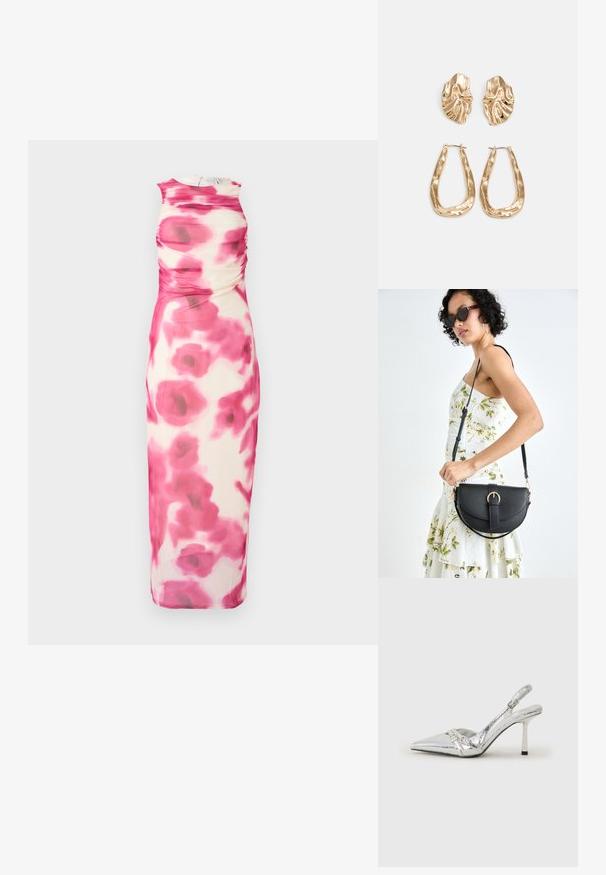 Vestido midi sem mangas em rosa e creme com franzidos; apresenta um padrão floral e um decote redondo, feito de tecido leve.; Sapato de salto alto slingback prateado com bico fino, acabamento metálico, duas correias decorativas e um salto esbelto com ponta preta.; Bolsa de couro preta com forma curva, alça destacável e detalhes em dourado. A bolsa possui uma aba com detalhe de fivela.; Brincos em tom de ouro com formas onduladas e texturizadas. Inclui studs escultóricos com presilha e um design de argola aberta com um acabamento martelado.