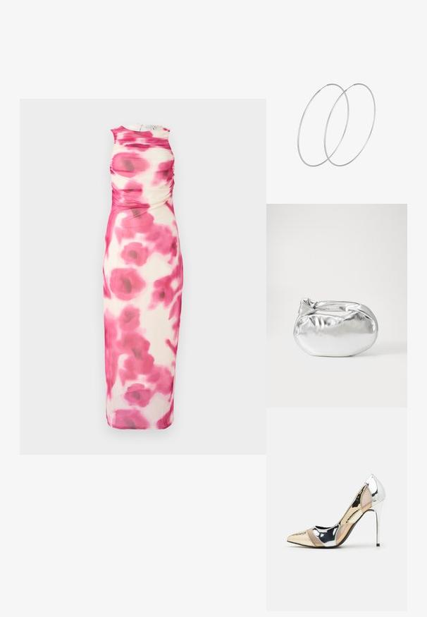 Ružičasta in kremna midi obleka brez rokavov z nabiranjem; ima cvetlični vzorec in okroglo ovratnico, izdelana iz lahkega materiala.; Čevlji z visoko peto in konico, v barvni kombinaciji srebrne, zlate in nude. Sijajna obdelava z izrezljanim dizajnom, z igličasto peto.; Srebrna kovinska torbica z mehko, zaobljeno obliko in zavezano zgornjo zaporo. Narejena iz gladkega umetnega usnja.; Srebrne uhane v obliki obroča z minimalističnim dizajnom. Krožna oblika, gladka tekstura in tanek profil. Lahki s poliranim zaključkom.