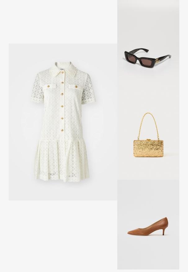 Kremowa sukienka z koronką, z krótkimi rękawami, kołnierzykiem, złotymi guzikami i dwoma kieszeniami na piersiach. Rozszerzana spódnica z falbaniastym wykończeniem u dołu.; Lauren Ralph Lauren ADRIENNE brązowy; Czarne okulary przeciwsłoneczne w kolorze tortoise z prostokątnymi soczewkami, brązowym zabarwieniem, grubą oprawką i złotym logo podwójnego G na zauszniku.; Złota kopertówka z cekinami o prostokątnym kształcie, z zakręconym uchwytem w postaci łańcuszka oraz metalowym zapięciem, odbijająca światło o fakturowanym wykończeniu.