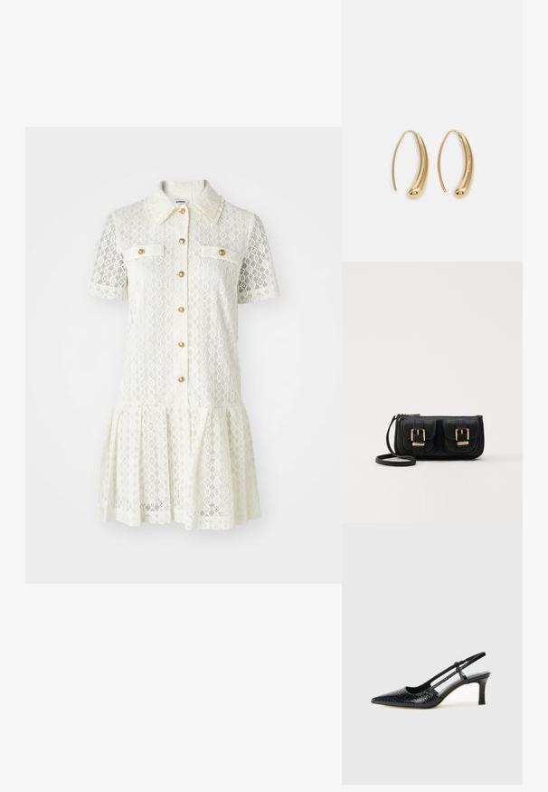 Kreminė nėrinių suknelė su trumpomis rankovėmis, apykakle, aukso mygtukais ir dviem krūtinės kišenėmis. Platėjantis sijonas su banguotu apdailos kraštu.; Juodai lakuoti slingback aukštakulniai su smailiu nosiu, su tekstūruotu gyvatės raštu, reguliuojama juosta ir trumpu, tekstūruotu blokiniu kulnu.; Juodas odinis per petį nešiojamas krepšys su dviem priekiniais kišenėmis, auksiniais sagtimis, užtrauktuko uždarymu ir siauromis petnešomis. Textūruota paviršius ir kompaktiškas stačiakampis formatas.; Auksinės metalinės auskarų kabės su lenktą, pailgą forma. Turi lygų, blizgantį paviršių ir užapvalintą galiuką papildomam akcentui.