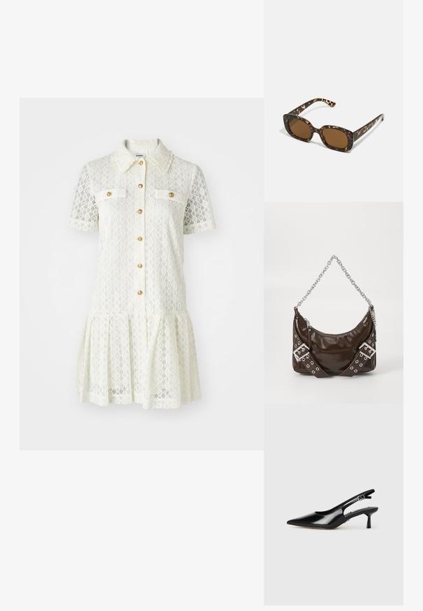 Krajková šaty v krémové barvě s krátkými rukávy, límečkem, zlatými knoflíky a dvěma náprsními kapsami. Rozšířená sukně s vlnkovým lemem.; Černé lakované lodičky se špičatou špičkou, tenkým podpatkem a nastavovacím sponou. Hladký povrch s minimálními detaily.; Sluneční brýle ve skořápce želvy s kulatým, širokým rámem a hnědými čočkami. Mají jemné vzory a rovné, zúžené stranice.; Tmavě hnědá lakovaná kožená kabelka se stříbrným řetězovým popruhem, ozdobnými dvojitými přezkami a zipovým uzávěrem.