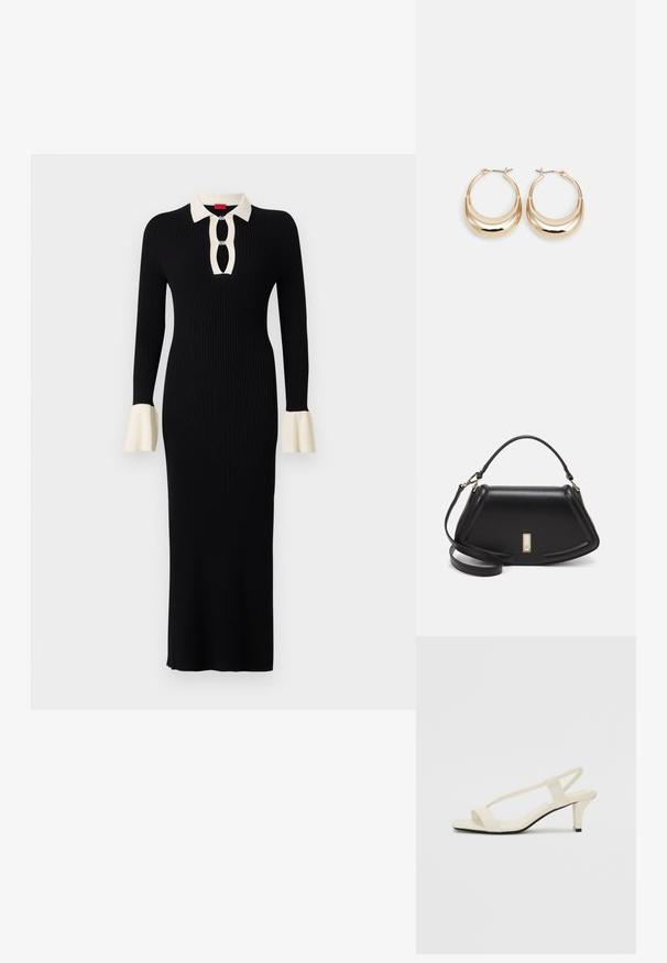 Abito lungo a maniche lunghe nero a coste con colletto e polsini crema, caratterizzato da uno scollo a chiave e dettagli a maniche svasate.; Sandali con tacco a blocco beige, con sottili cinturini e punta quadrata. Materiale liscio con dettagli minimi, progettati per un facile utilizzo.; Borsa a mano in pelle nera con un design strutturato, caratterizzata da una forma corta, manico superiore e accessori in metallo dorato. Inclusa tracolla regolabile.; Orecchini a cerchio tonalità oro con forma a mezzaluna, superficie lucidata e chiusura a cerniera. La texture liscia e la finitura riflettente migliorano la visibilità.