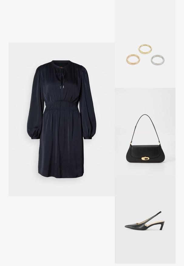 Mornarsko modra obleka z dolgimi rokavi, z nabranim pasom, okroglo ovratnico in vrvico. Narejena iz gladkega, lahkega materiala.; Črne čevlje s koničastimi nosovi in slingback obliko z nizko peto, izdelane iz gladke usnjene materiale ter s črtasto zasnovo na strani za prezračevanje.; Črna usnjena torba s ukrivljeno zasnovo, z zlatimi dodatki in zgornjim ročajem. Ima eleganten zapirni mehanizem in gladko teksturo.; Trije kovinski prstani: eden rožnato zlati, eden zlat z teksturiranimi detajli in eden srebrn, vsi z vgraviranim logotipom na notranji strani.