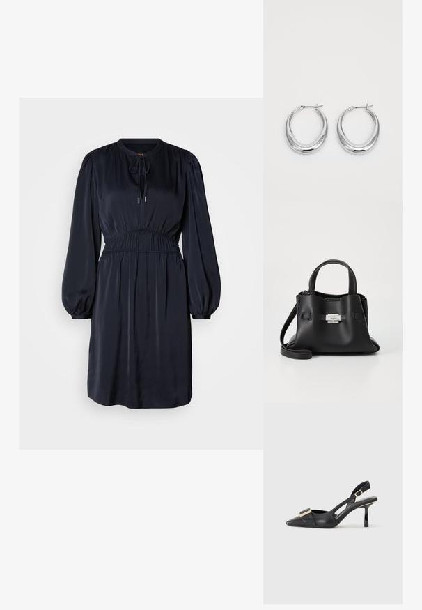 Námořnická modrá dlouhá šatová sukně s nařaseným pasem, kulatým výstřihem a šňůrkou na stažení. Vyrobena z hladké, lehké tkaniny.; Černá kožená slingback obuv s špičatou špičkou, štíhlým podpatkem a akcenty zlaté barvy na vředu. Hladká textura a strukturovaný design.; Černá kožená kabelka s texturovaným povrchem, vybavená dvěma horními uchy, odnímatelným ramenním popruhem a stříbrným detailem s uzávěrem.; Pár leštěných stříbrných půlměsíčních náušnic s kloubovými sponami na bílém pozadí.