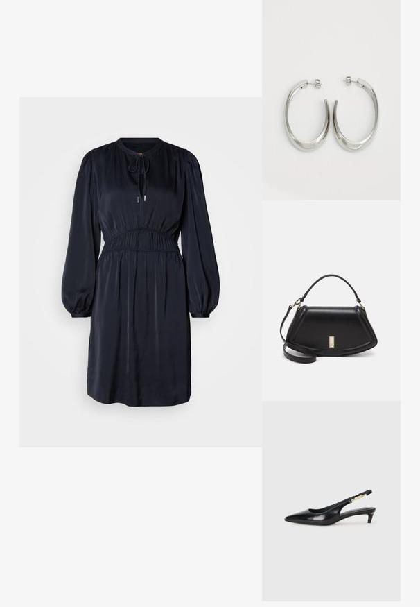 Ναυτικό μπλε, φόρεμα μακρύ μανίκι με συγκεντρωμένη μέση, στρογγυλή λαιμόκοψη και κορδόνι. Φτιαγμένο από απαλό, ελαφρύ ύφασμα.; Μαύρες δερμάτινες γόβες slingback με μυτερή μύτη, διαθέτοντας λεπτό τακούνι και χρυσή λεπτομέρεια στην ρυθμιζόμενη λωρίδα. Λείος υφές.; Μαύρη δερμάτινη τσάντα με δομημένο σχέδιο, που διαθέτει κομμένο σχήμα, επάνω λαβή και χρυσά μεταλλικά στοιχεία. Περιλαμβάνει ρυθμιζόμενο λουρί ώμου.; Ασημένια σκουλαρίκια κρίκοι με μαλακή, καμπυλωτή σχεδίαση. Διαθέτουν γυαλιστερή μεταλλική υφή και κλείσιμο με σφίγγα. Χωρίς ορατά μοτίβα ή διακοσμήσεις.